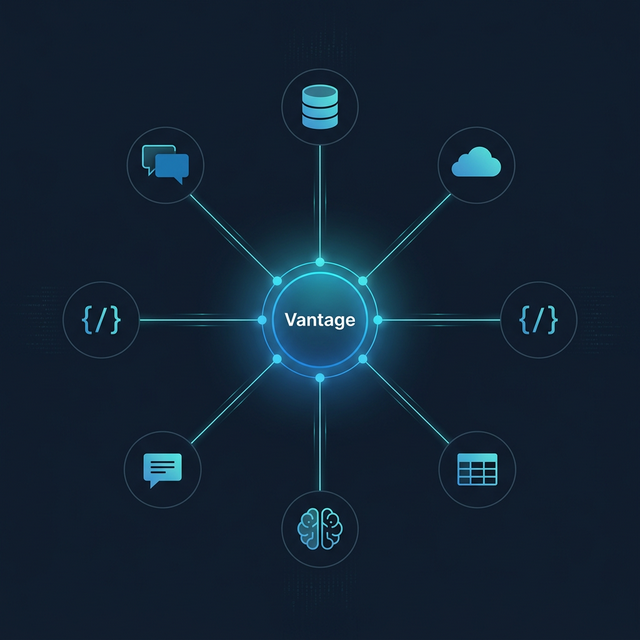 Data Spokes hub-and-spoke architecture — Vantage at the center connected to databases, SaaS, APIs, and AI